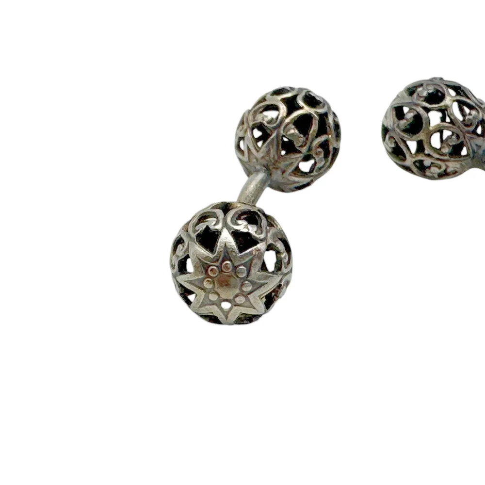 Vintage Art Deco Sterling Silver Filigree Sphere Cufflinks Dumbbell Bar Link